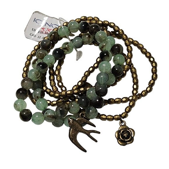 Vintage Beaded Charm Bracelets Bird Flower Green Bronze Beads Lot of 6 - Picture 1 of 8